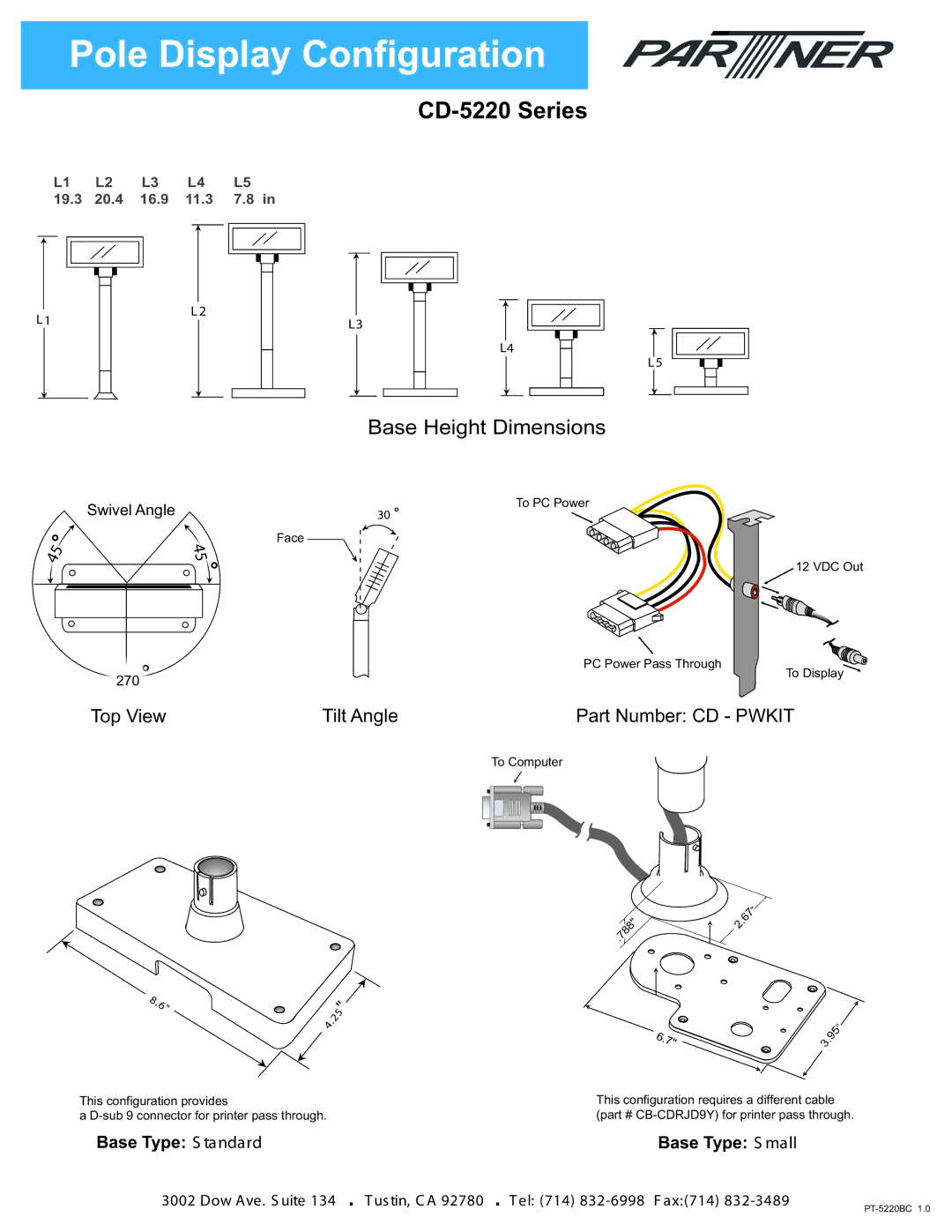 Partner Tech manual Pole Display Configuration, CD-5220 Series, Base Height Dimensions 