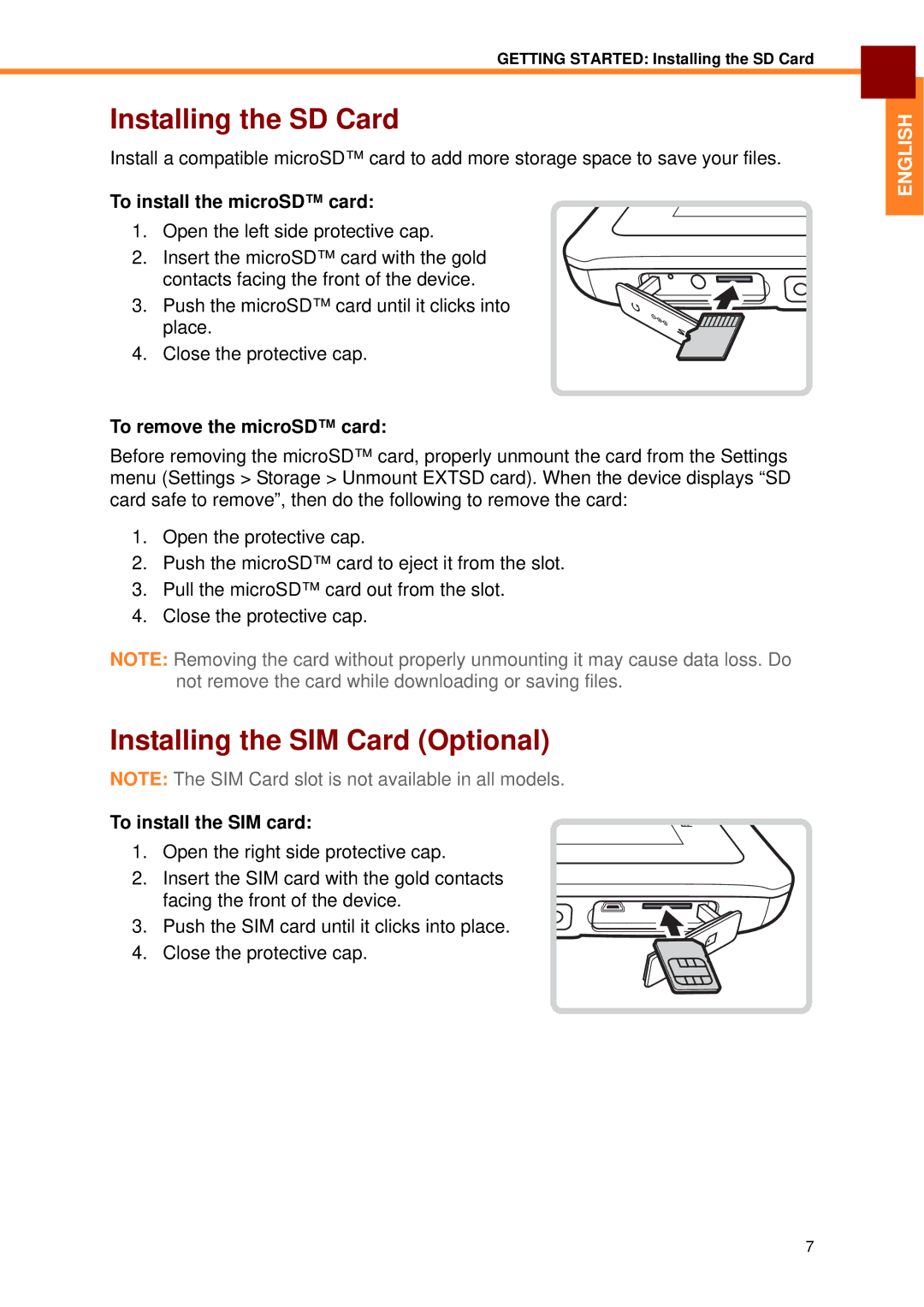 Partner Tech EM-70B user manual Installing the SD Card, Installing the SIM Card Optional, To install the microSD card 