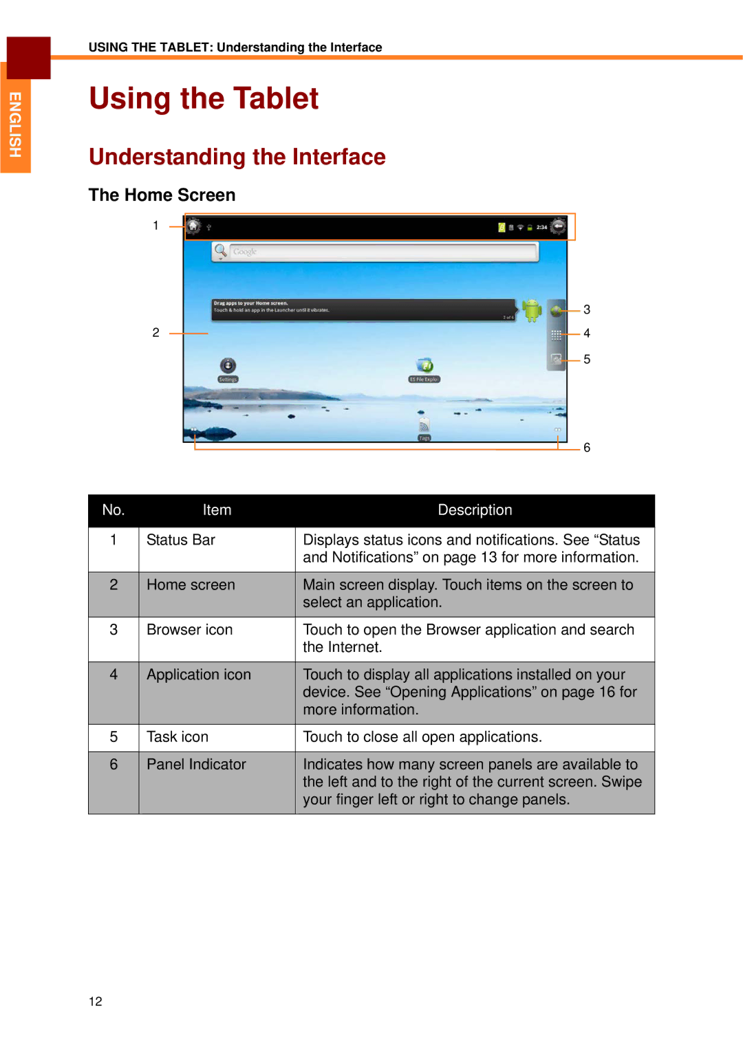 Partner Tech EM-70B user manual Using the Tablet, Understanding the Interface, Home Screen 