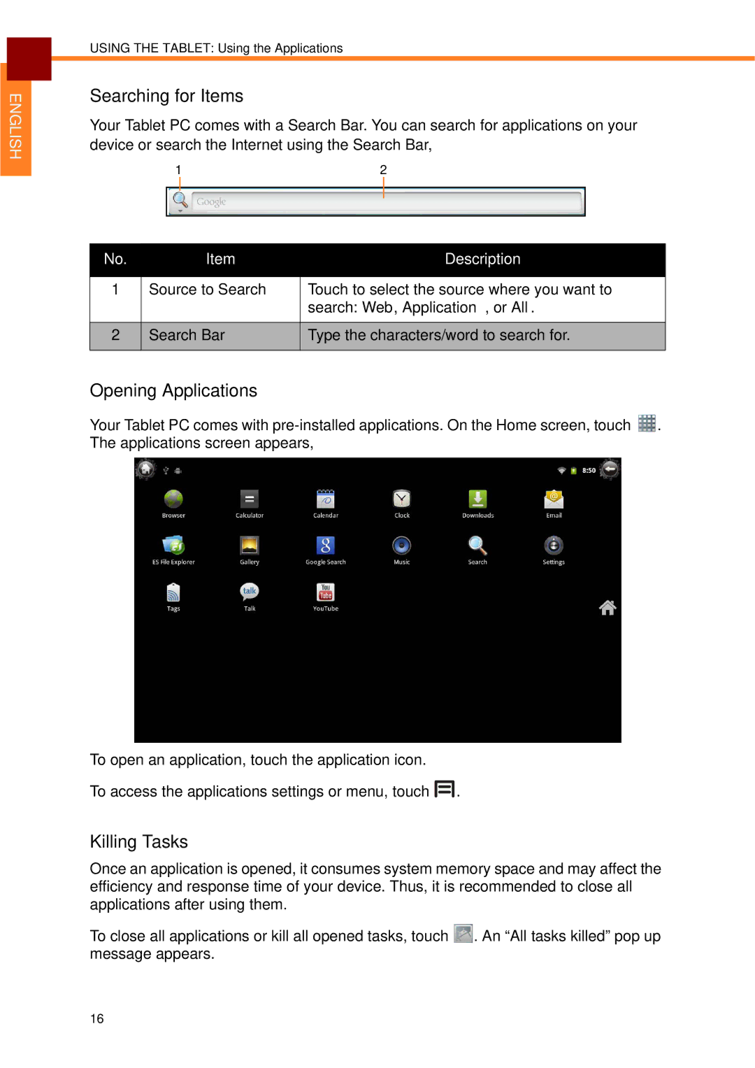 Partner Tech EM-70B user manual Searching for Items, Opening Applications, Killing Tasks, Search Web, Application, or All 