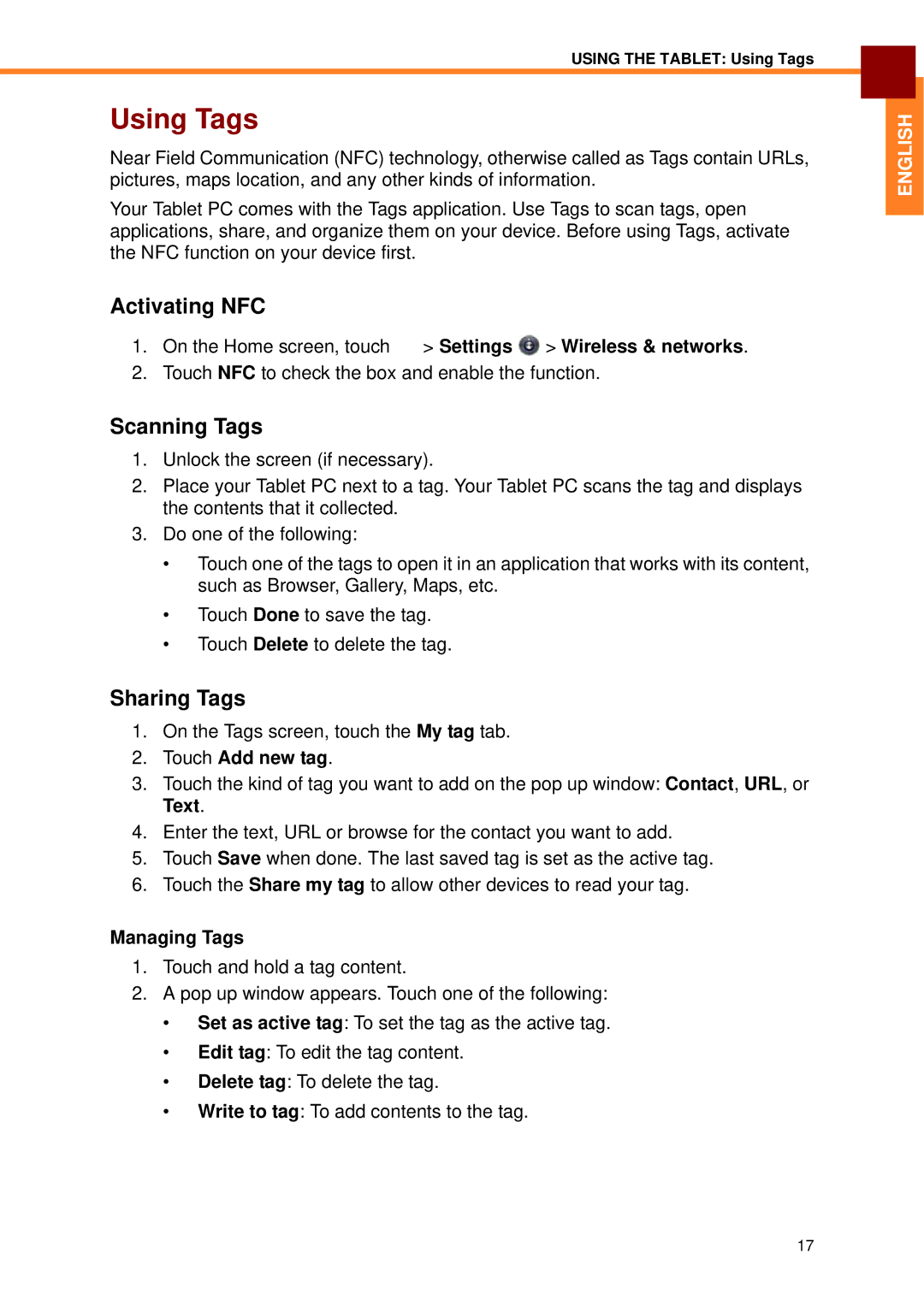 Partner Tech EM-70B user manual Using Tags, Activating NFC, Scanning Tags, Sharing Tags 