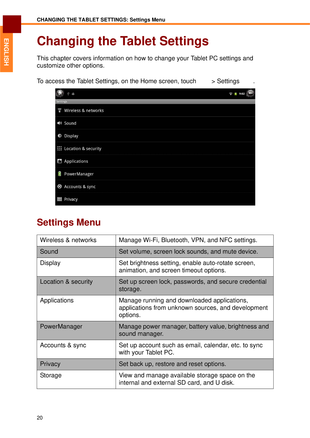 Partner Tech EM-70B user manual Changing the Tablet Settings, Settings Menu 