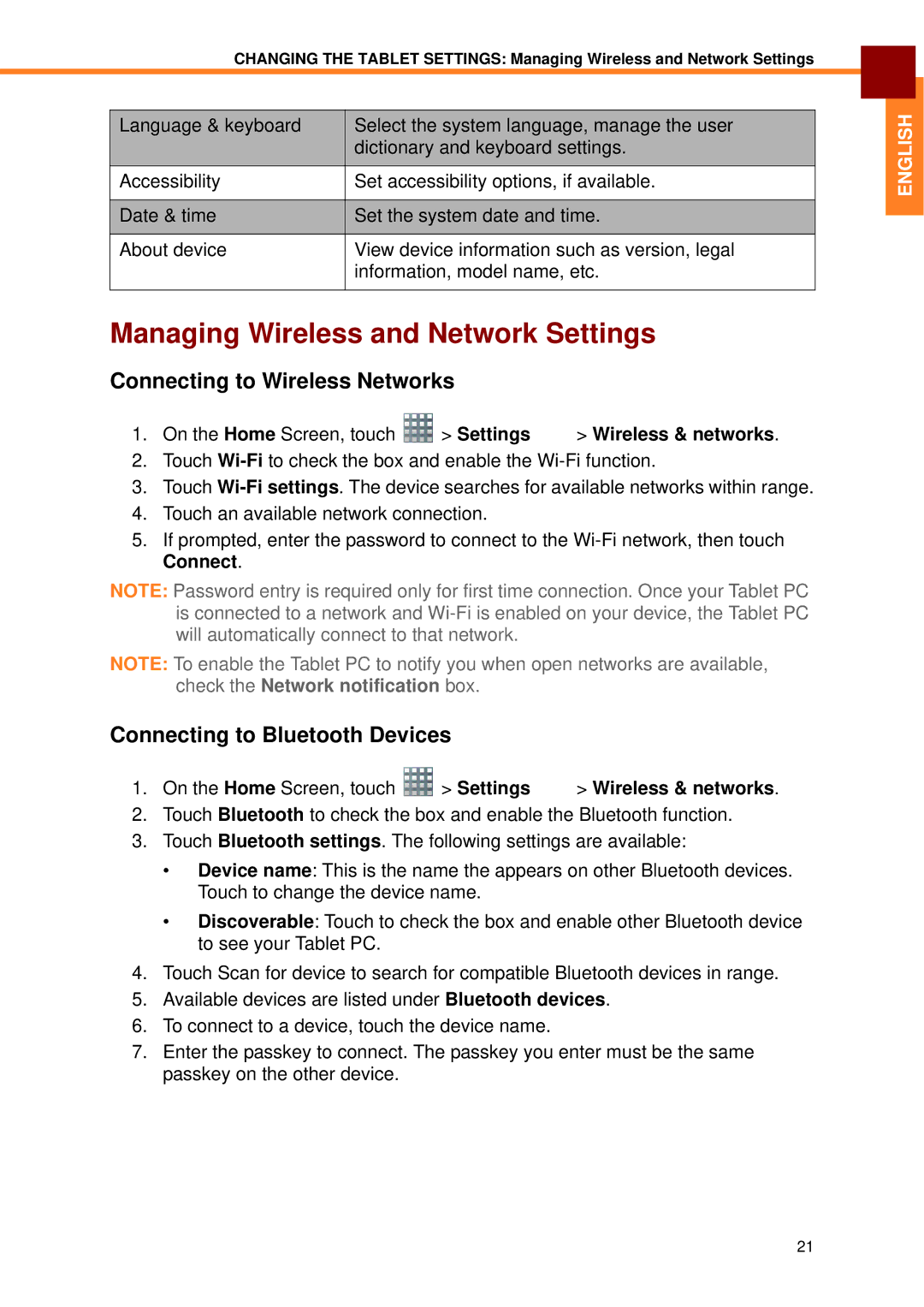 Partner Tech EM-70B user manual Managing Wireless and Network Settings, Connecting to Wireless Networks 