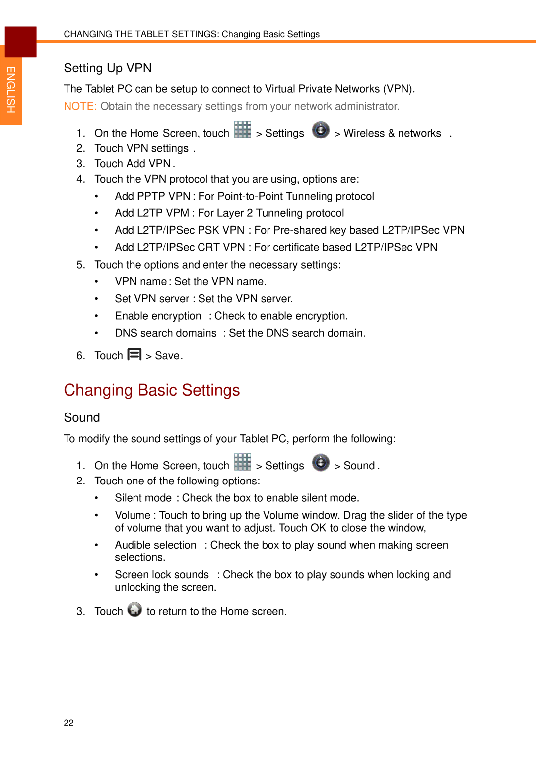 Partner Tech EM-70B user manual Changing Basic Settings, Setting Up VPN, Sound 