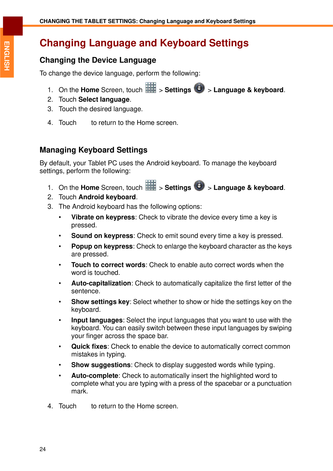 Partner Tech EM-70B Changing Language and Keyboard Settings, Changing the Device Language, Managing Keyboard Settings 