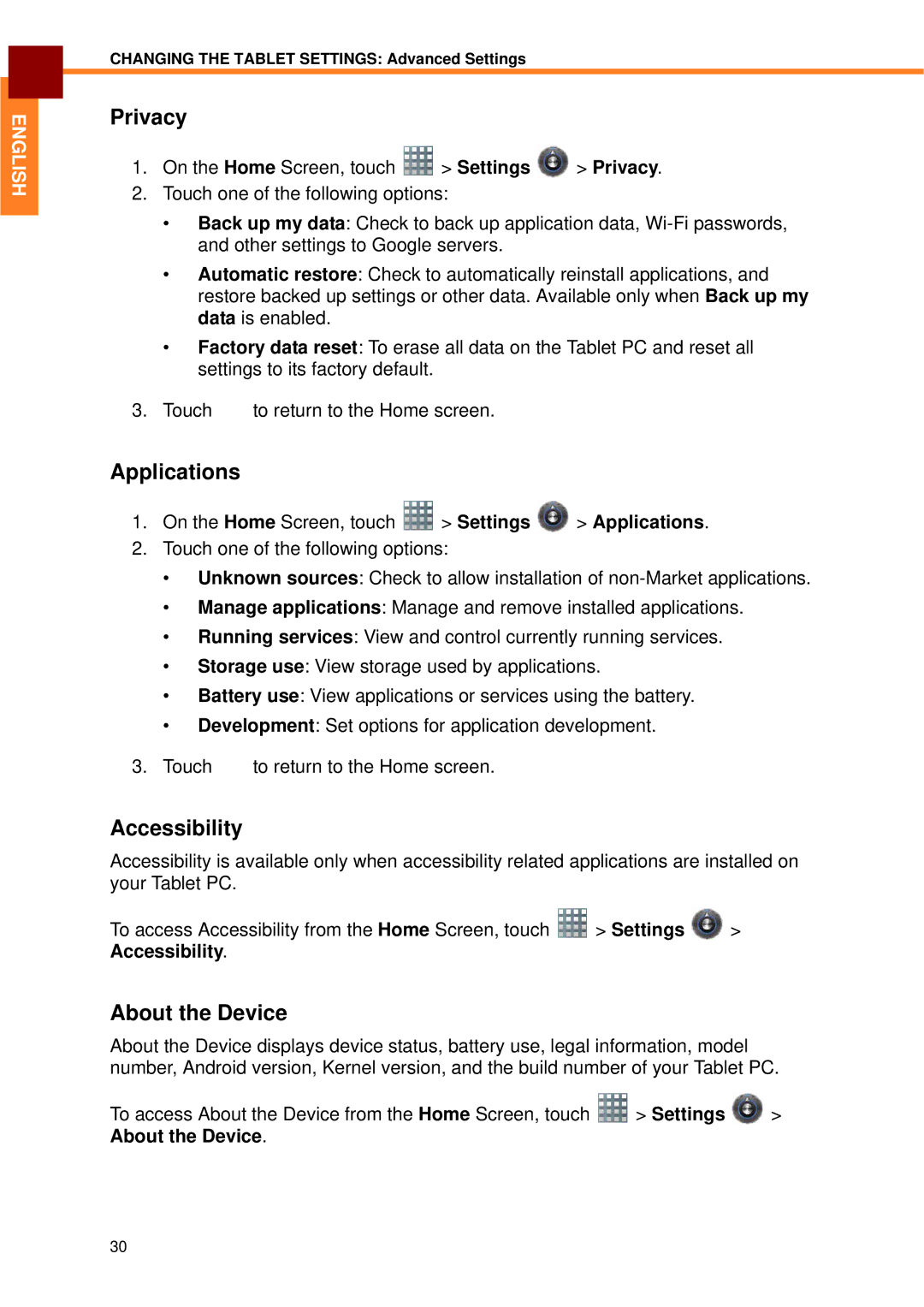 Partner Tech EM-70B user manual Privacy, Applications, Accessibility, About the Device 