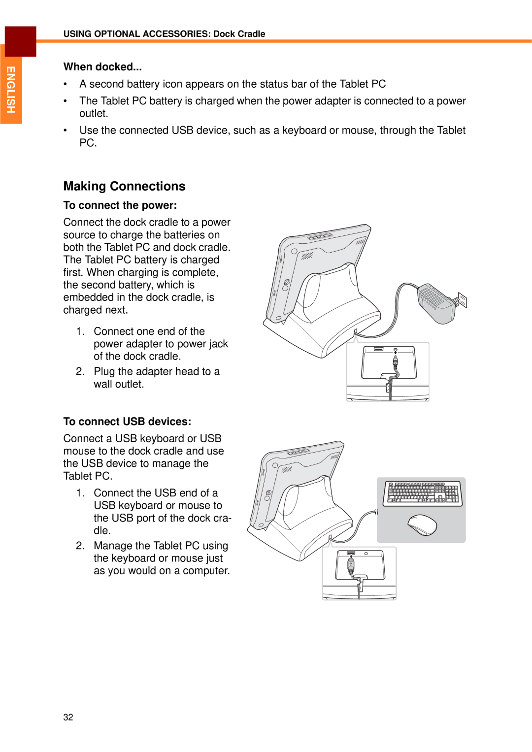 Partner Tech EM-70B user manual Making Connections, When docked, To connect the power, To connect USB devices 