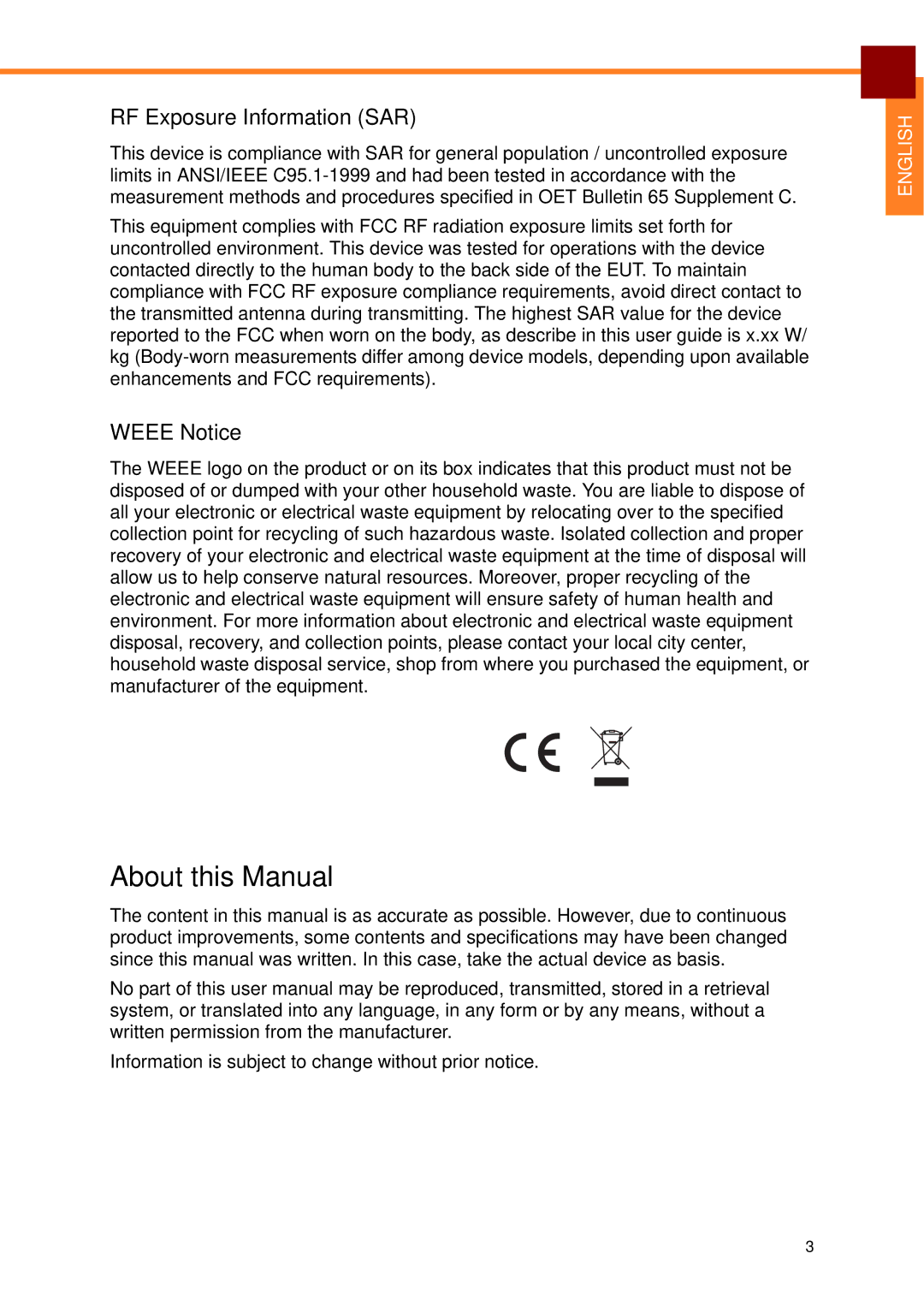 Partner Tech EM-70B user manual RF Exposure Information SAR, Weee Notice 