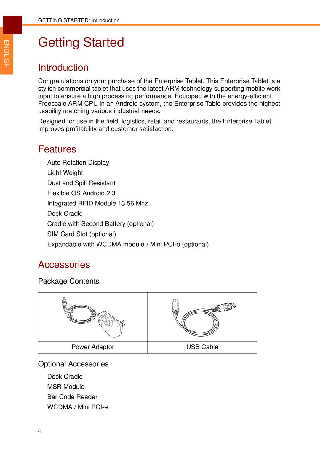 Partner Tech EM-70B user manual Getting Started, Introduction, Features, Accessories 