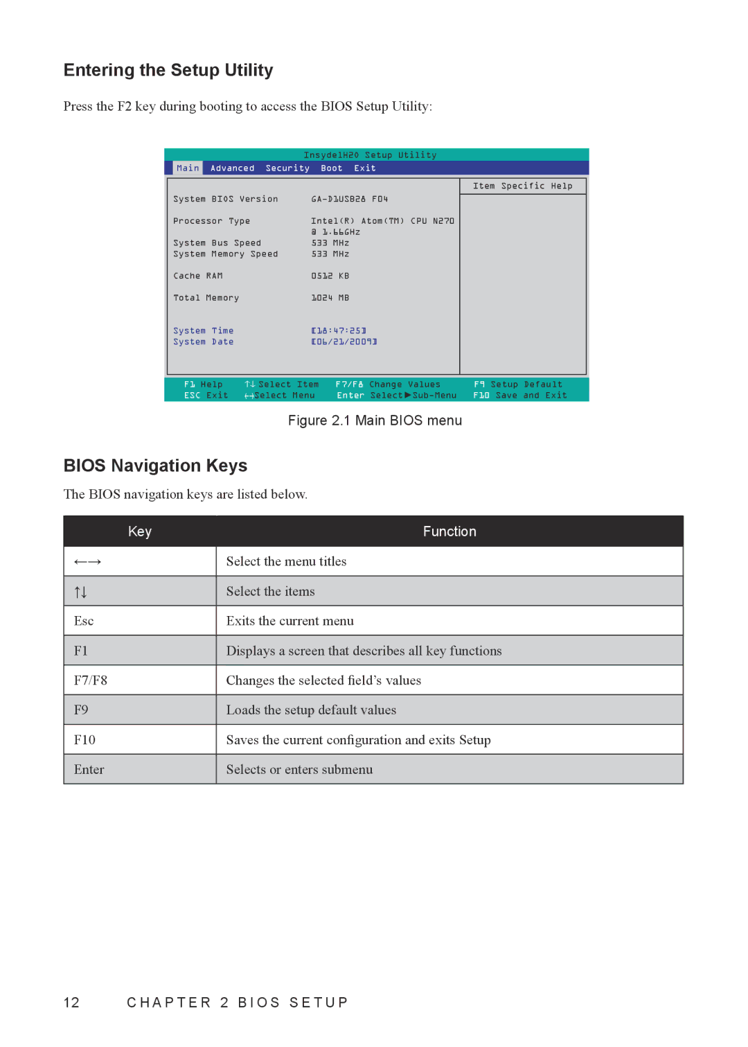 Partner Tech EM200WIN7, EM200PR user manual Entering the Setup Utility, Bios Navigation Keys 