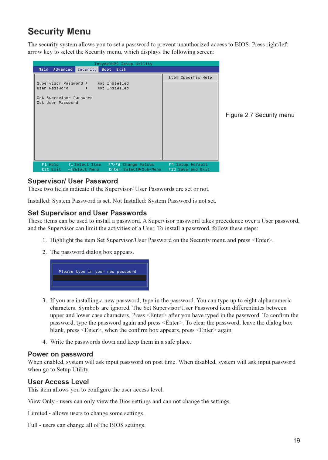 Partner Tech EM200PR Security Menu, Supervisor/ User Password, Set Supervisor and User Passwords, Power on password 