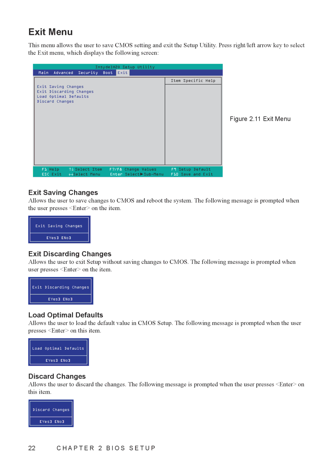 Partner Tech EM200WIN7 Exit Menu, Exit Saving Changes, Exit Discarding Changes, Load Optimal Defaults, Discard Changes 