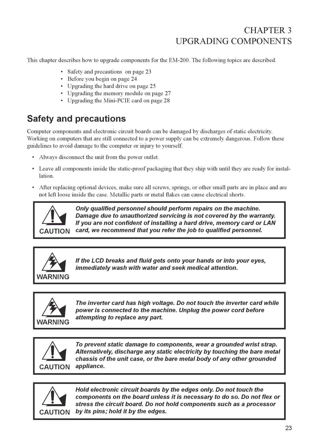 Partner Tech EM200PR, EM200WIN7 user manual Chapter Upgrading Components, Safety and precautions 