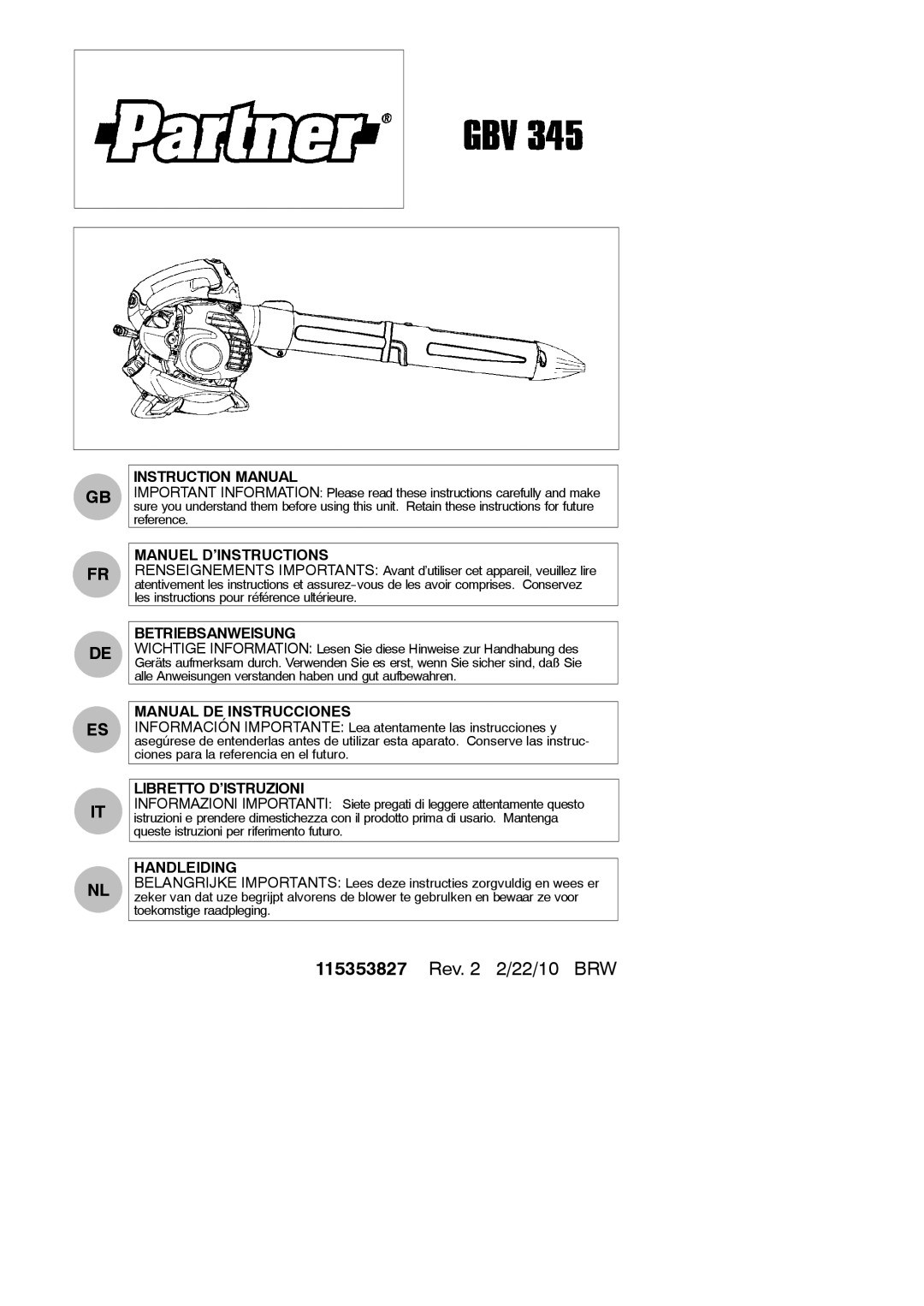 Partner Tech GBV 345 instruction manual Manuel D’INSTRUCTIONS, Betriebsanweisung, Manual DE Instrucciones, Handleiding 