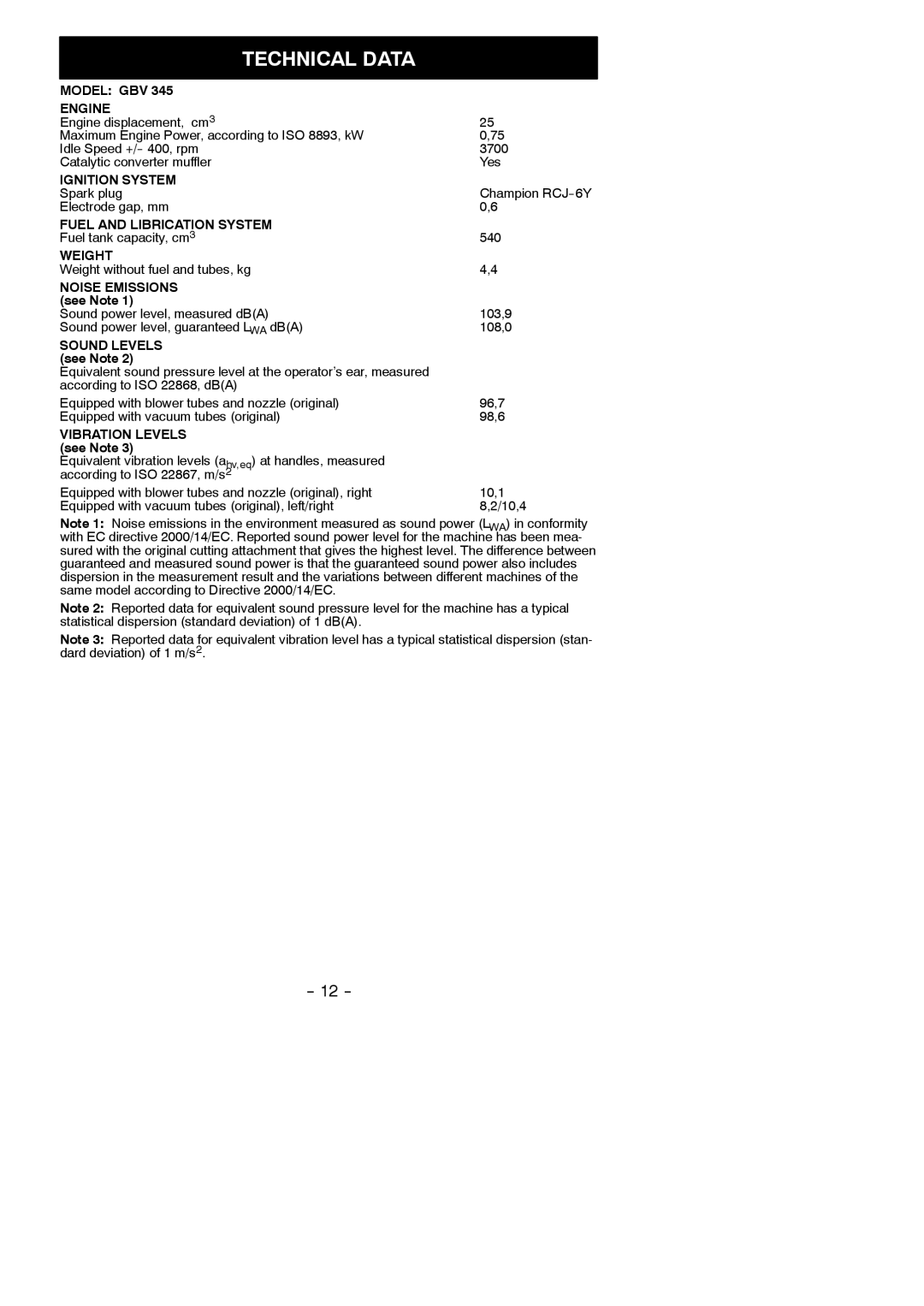 Partner Tech GBV 345 Ignition System, Fuel and Librication System, Weight, Noise Emissions, Sound Levels, Vibration Levels 