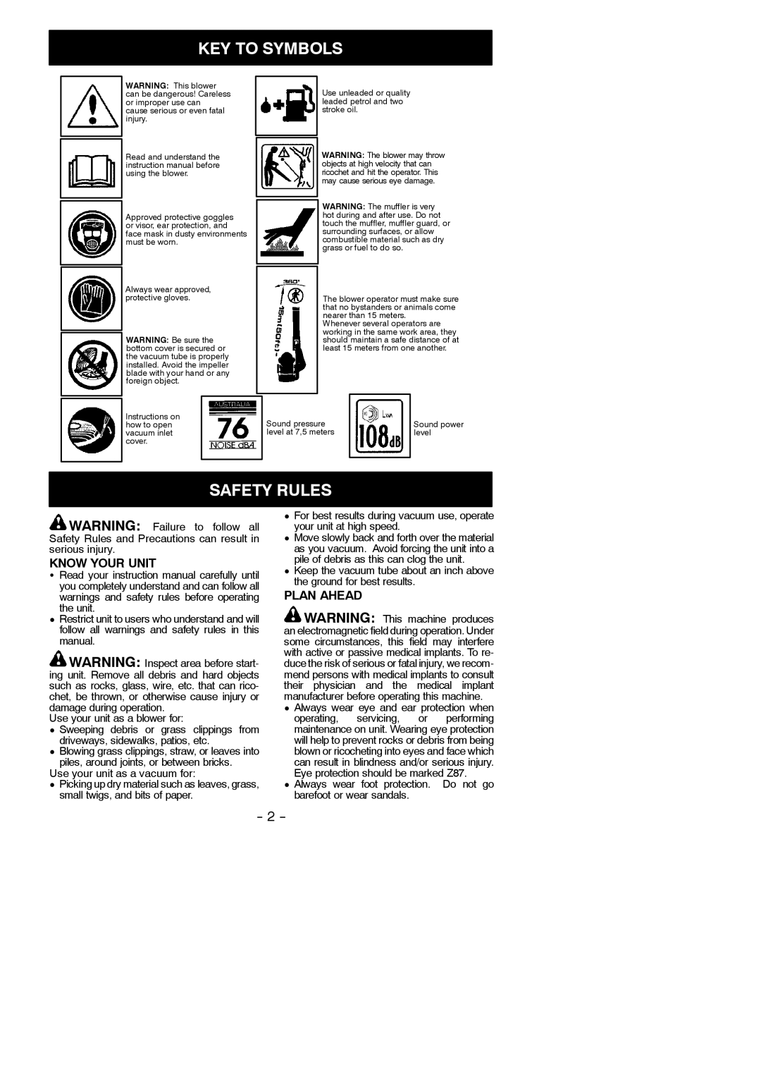 Partner Tech GBV 345 instruction manual KEY to Symbols, Safety Rules, Know Your Unit, Plan Ahead 