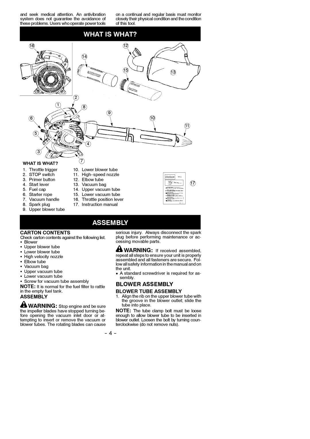 Partner Tech GBV 345 instruction manual What is WHAT?, Carton Contents, Blower Tube Assembly 