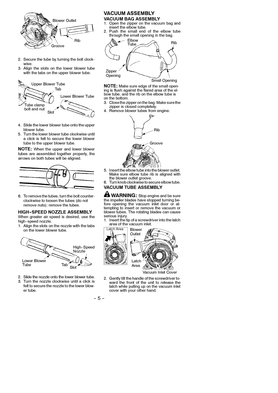 Partner Tech GBV 345 instruction manual Vacuum BAG Assembly, HIGH-SPEED Nozzle Assembly, Vacuum Tube Assembly 