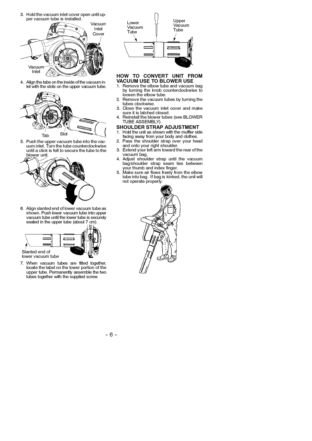 Partner Tech GBV 345 instruction manual HOW to Convert Unit from Vacuum USE to Blower USE, Shoulder Strap Adjustment 