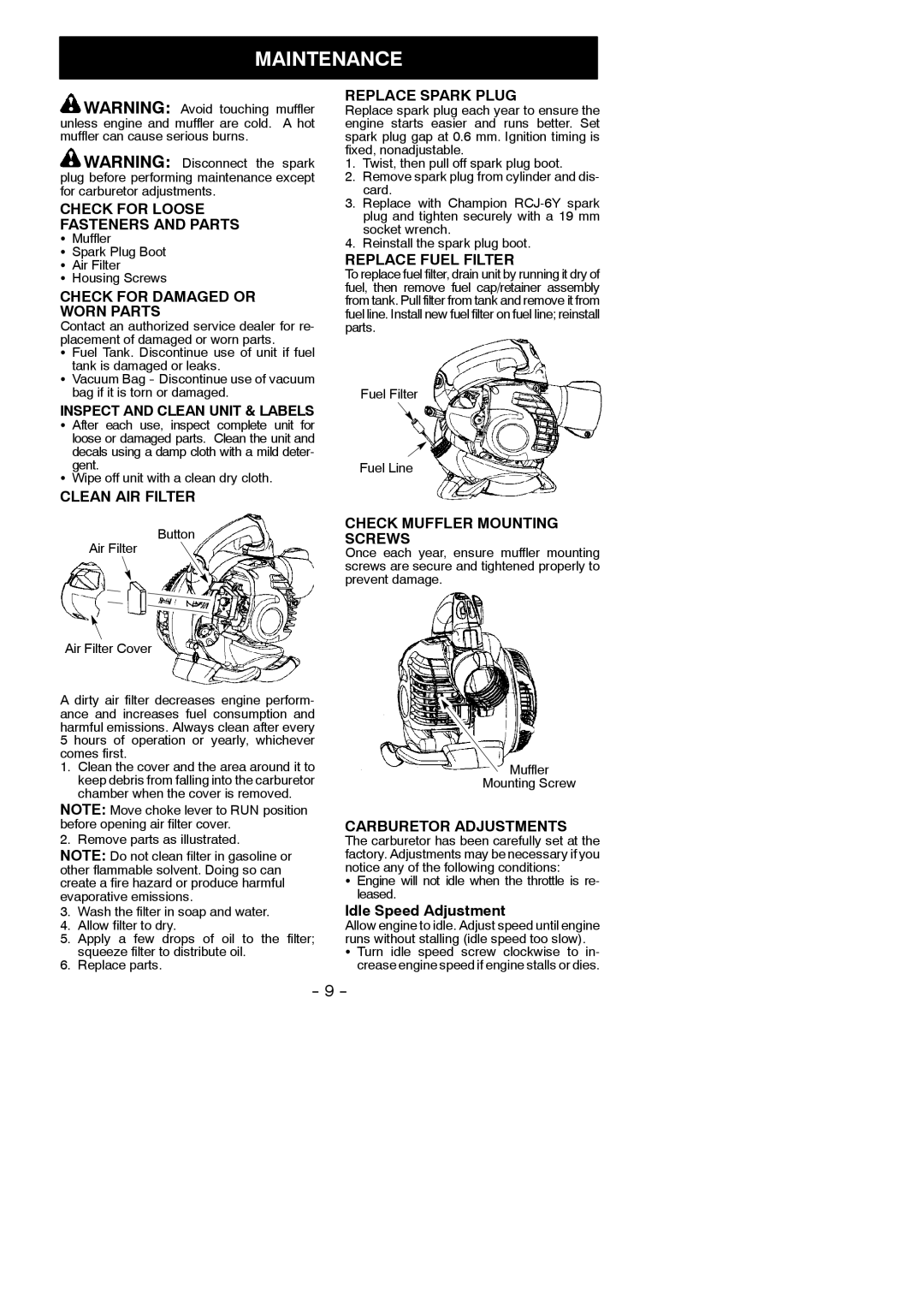 Partner Tech GBV 345 instruction manual Maintenance 