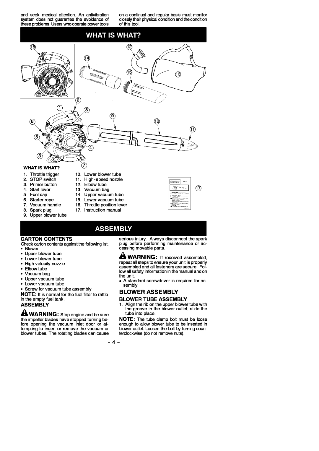 Partner Tech GBV 345 instruction manual What Is What?, Blower Assembly, Carton Contents, Blower Tube Assembly 