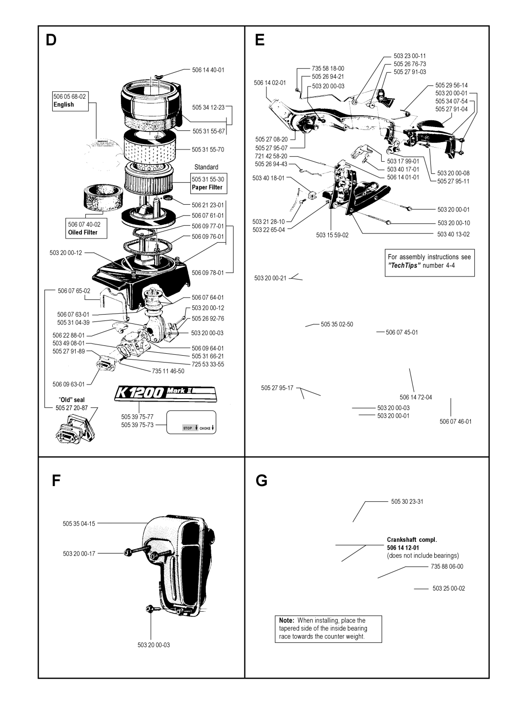 Partner Tech K1200, K850 manual Standard, TechTips number, Does not include bearings 