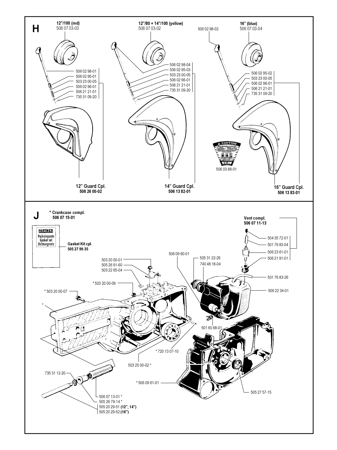 Partner Tech K850, K1200 Guard Cpl, 12/100 red 12/80 + 14/100 yellow Blue, 506 26 506 13 Crankcase compl 506 07 Vent compl 