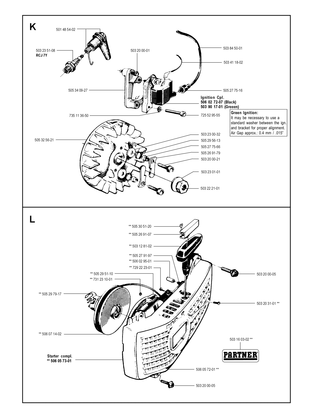 Partner Tech K1200, K850 Ignition Cpl 506 02 72-07 Black 503 90 17-01 Greeen, Green Ignition, It may be necessary to use a 