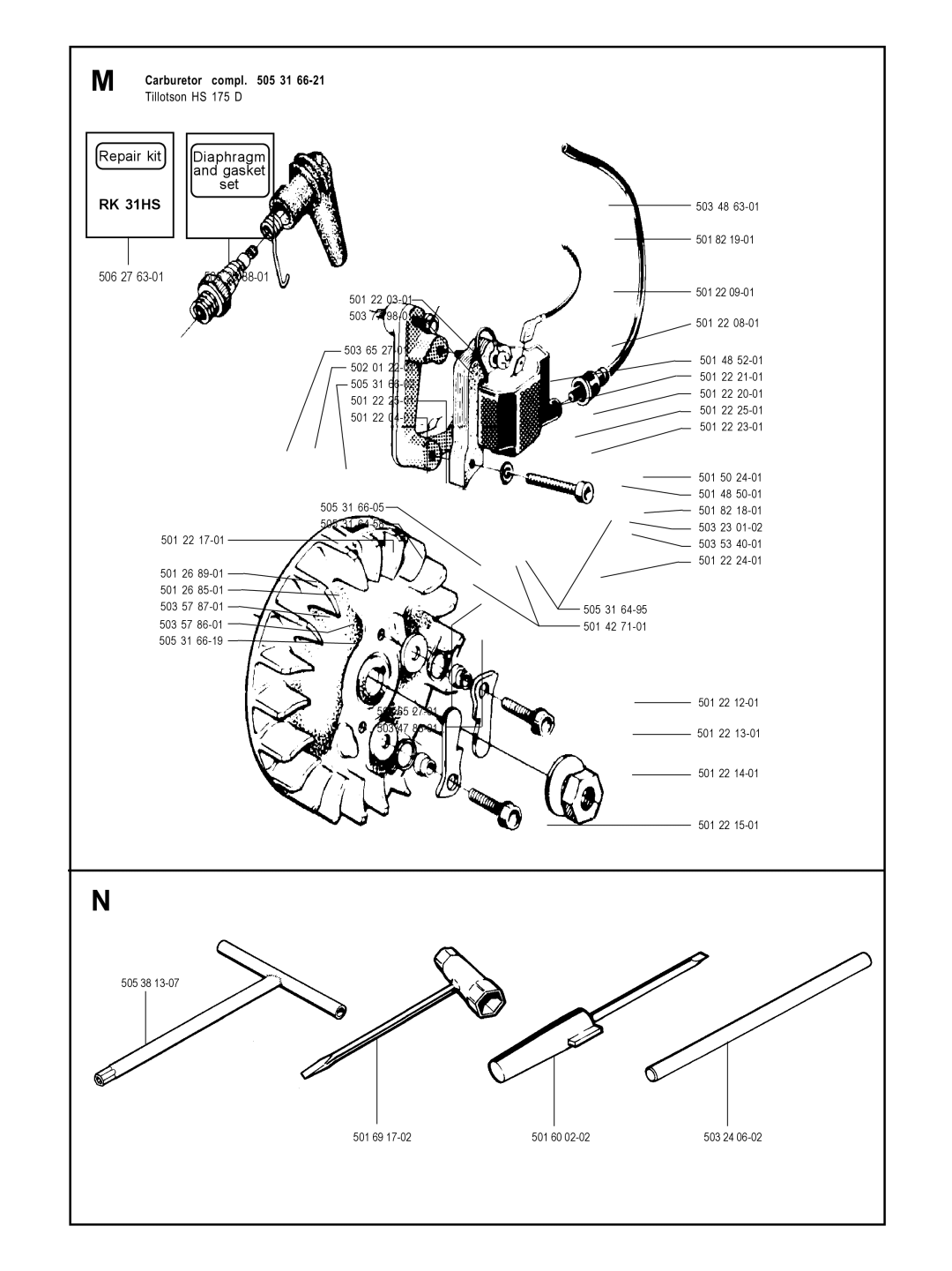 Partner Tech K850, K1200 manual Carburetor compl 31 66-21 Tillotson HS 175 D, Diaphragm, Gasket, Set, 506 27 506 25 