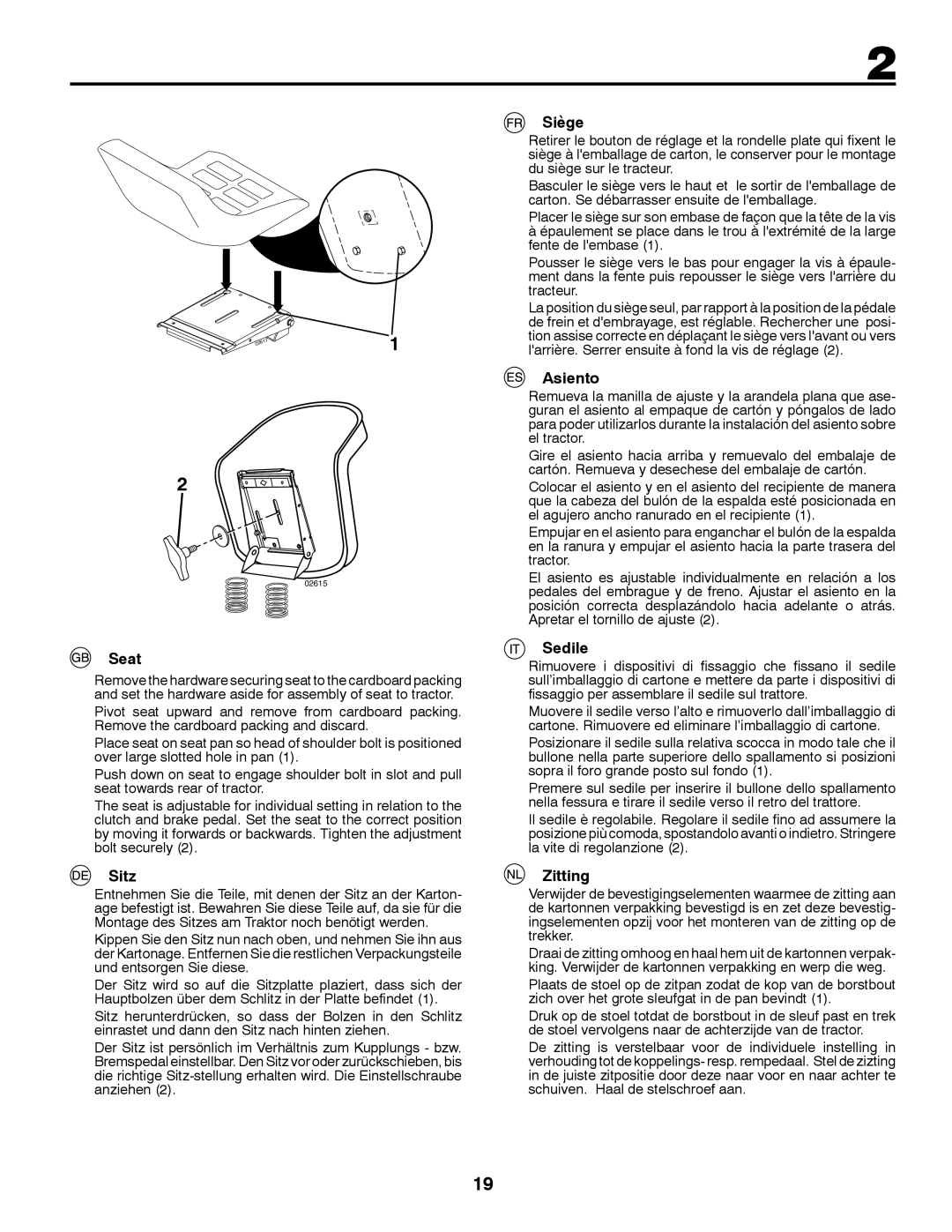 Partner Tech P11577 instruction manual Seat, Sitz, Siège, Asiento, Sedile, Zitting 