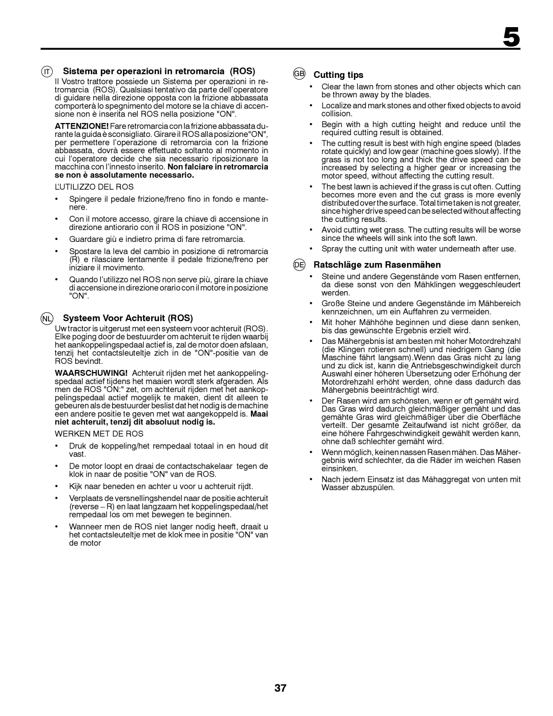 Partner Tech P11577 instruction manual Sistema per operazioni in retromarcia ROS, Systeem Voor Achteruit ROS, Cutting tips 