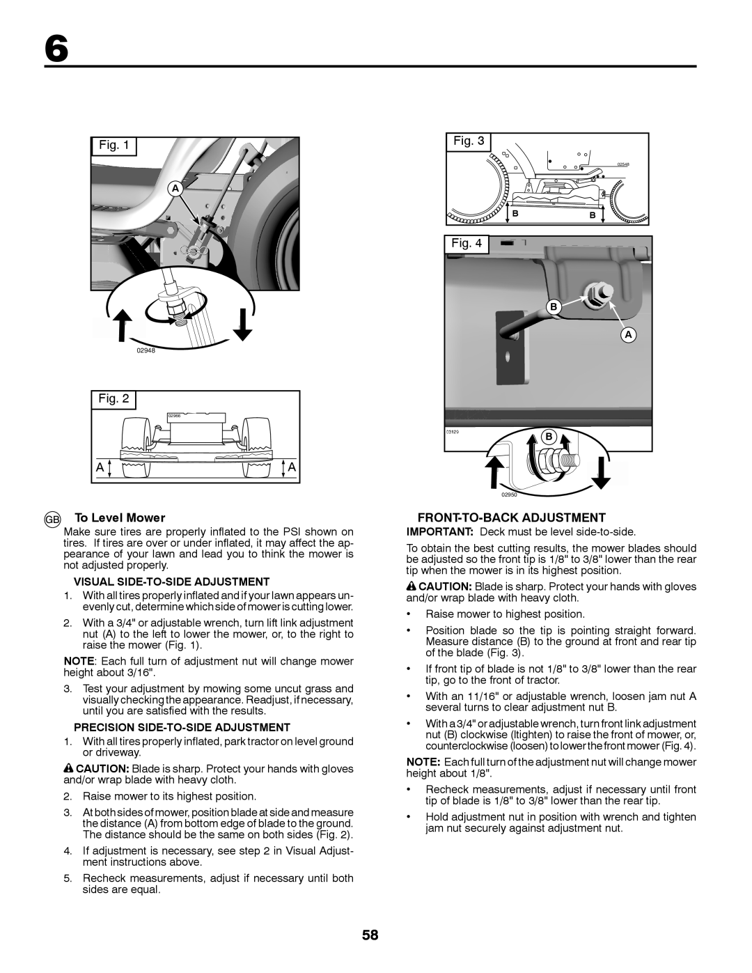 Partner Tech P11577 instruction manual To Level Mower, FRONT-TO-BACK Adjustment, Visual SIDE-TO-SIDE Adjustment 