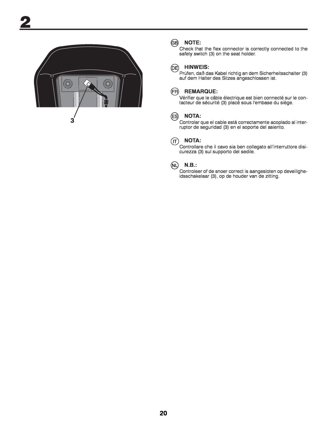 Partner Tech P11577 instruction manual Hinweis, Remarque, Nota, auf dem Halter des Sitzes angeschlossen ist 