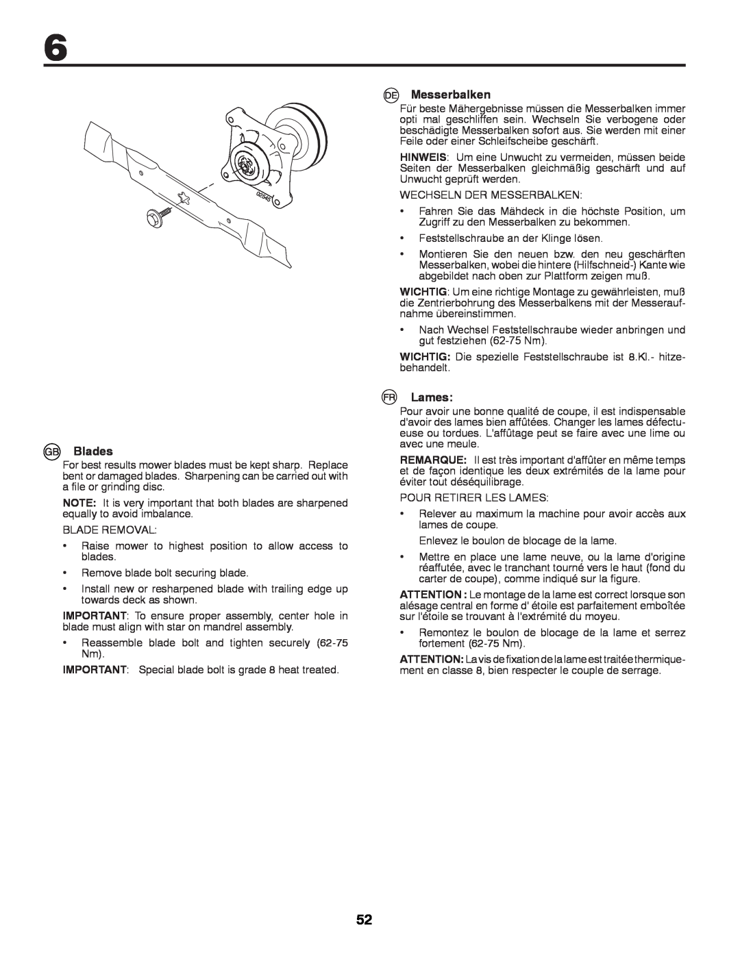 Partner Tech P11577 instruction manual Blades, Messerbalken, Lames 