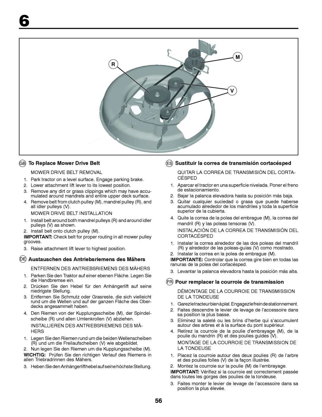 Partner Tech P11577 instruction manual To Replace Mower Drive Belt, Austauschen des Antriebsriemens des Mähers 