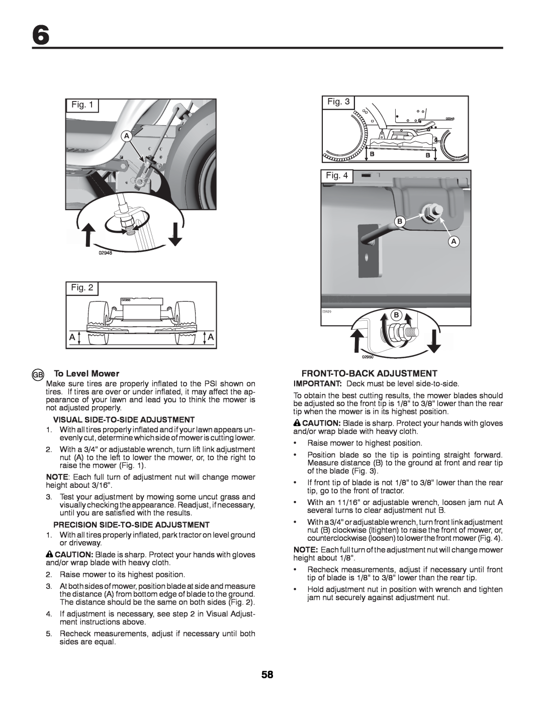 Partner Tech P11577 instruction manual To Level Mower, Front-To-Back Adjustment, Visual Side-To-Side Adjustment 