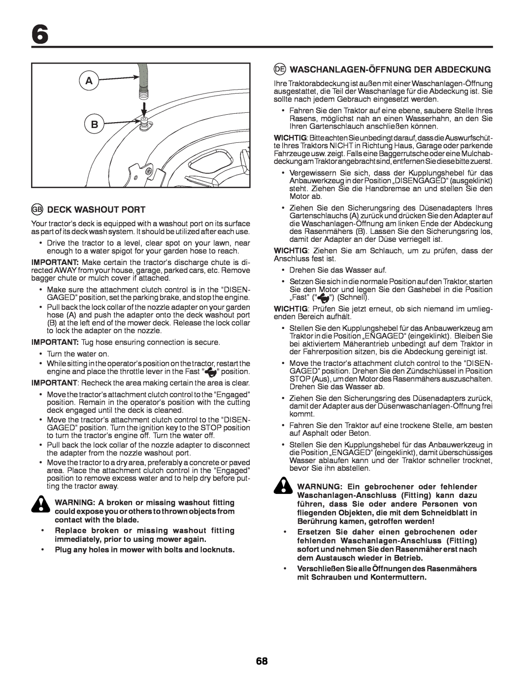 Partner Tech P11577 instruction manual Deck Washout Port, Waschanlagen-Öffnung Der Abdeckung 
