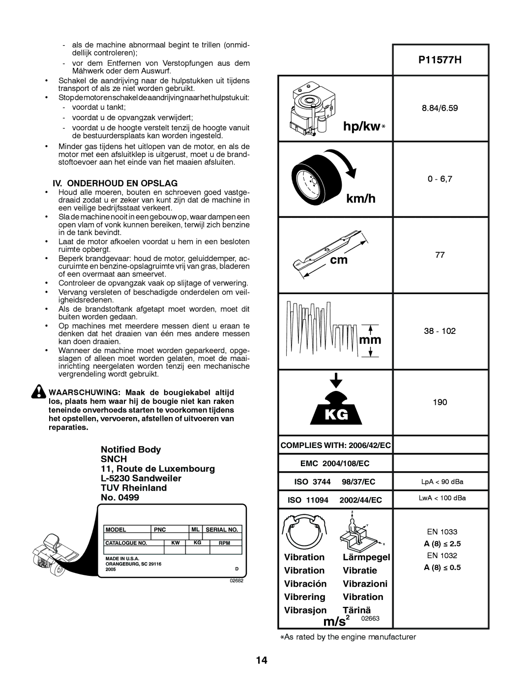 Partner Tech P11577H instruction manual IV. Onderhoud EN Opslag, 84/6.59, 190, Complies with 2006/42/EC 