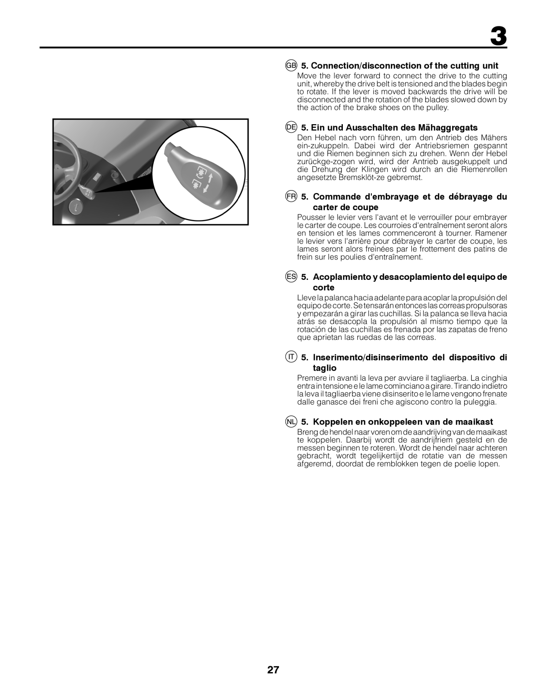 Partner Tech P11577H instruction manual Connection/disconnection of the cutting unit, Ein und Ausschalten des Mähaggregats 