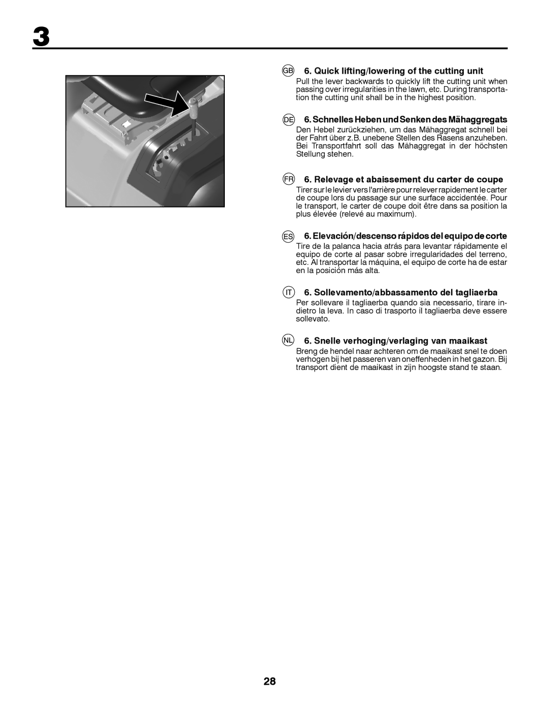 Partner Tech P11577H Quick lifting/lowering of the cutting unit, Schnelles Heben und Senken des Mähaggregats 