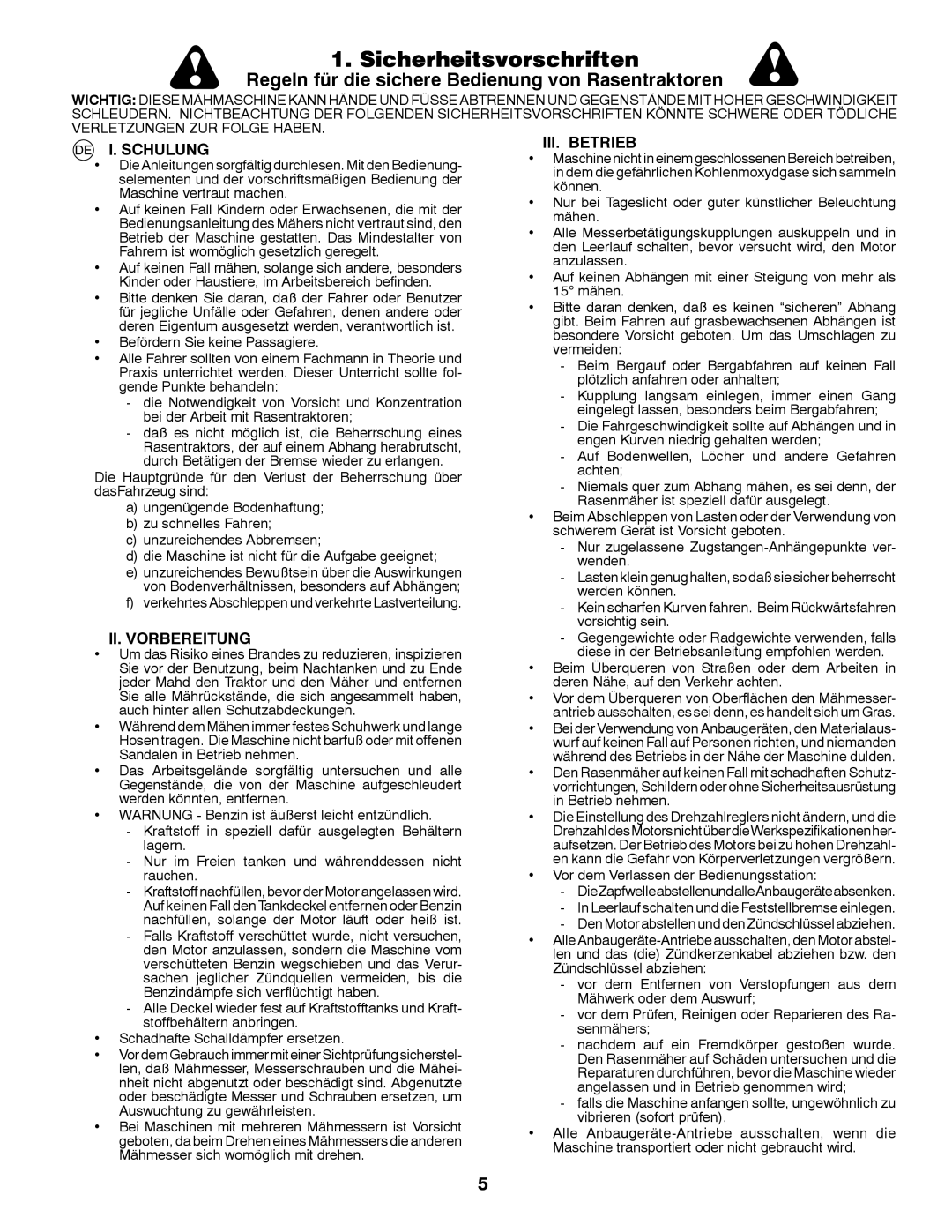 Partner Tech P11577H instruction manual Sicherheitsvorschriften, Schulung, II. Vorbereitung, III. Betrieb 