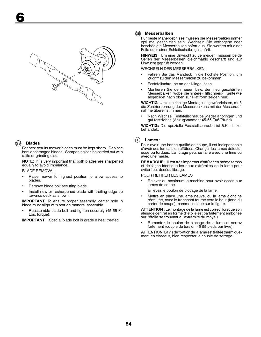 Partner Tech P11577H instruction manual Blades, Messerbalken, Lames 