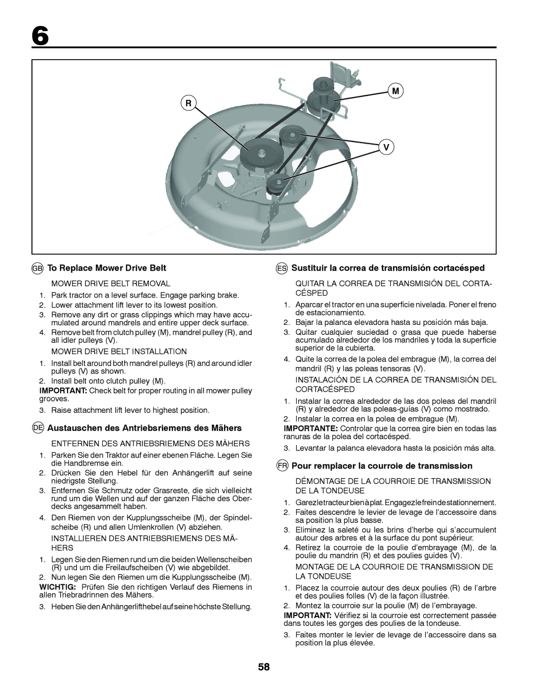 Partner Tech P11577H instruction manual To Replace Mower Drive Belt, Austauschen des Antriebsriemens des Mähers 