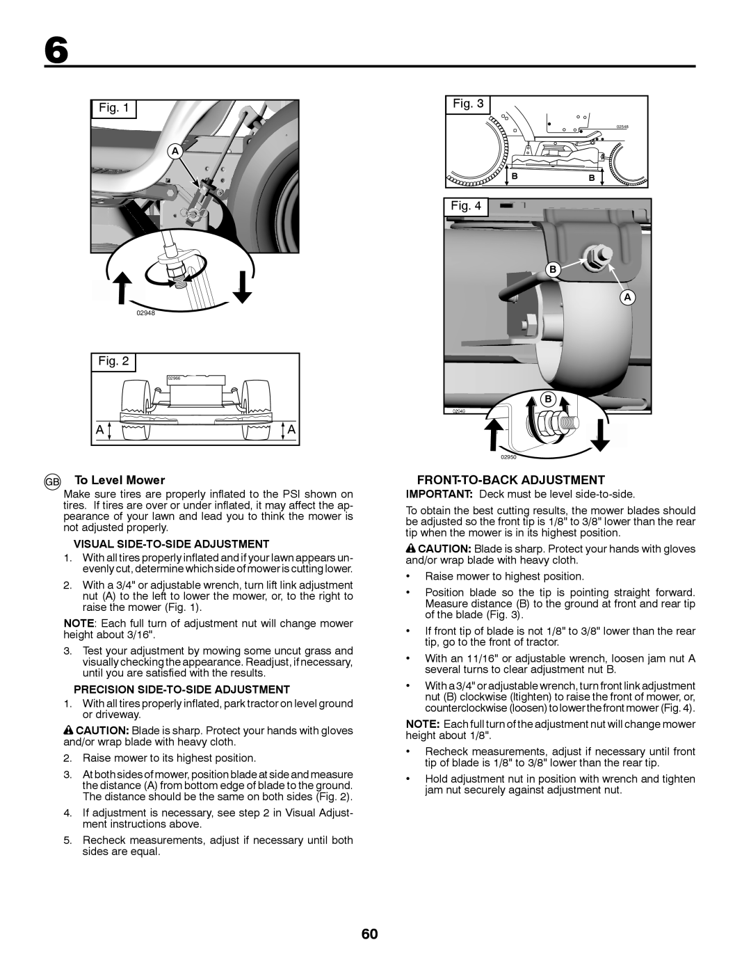 Partner Tech P11577H instruction manual To Level Mower, FRONT-TO-BACK Adjustment, Visual SIDE-TO-SIDE Adjustment 