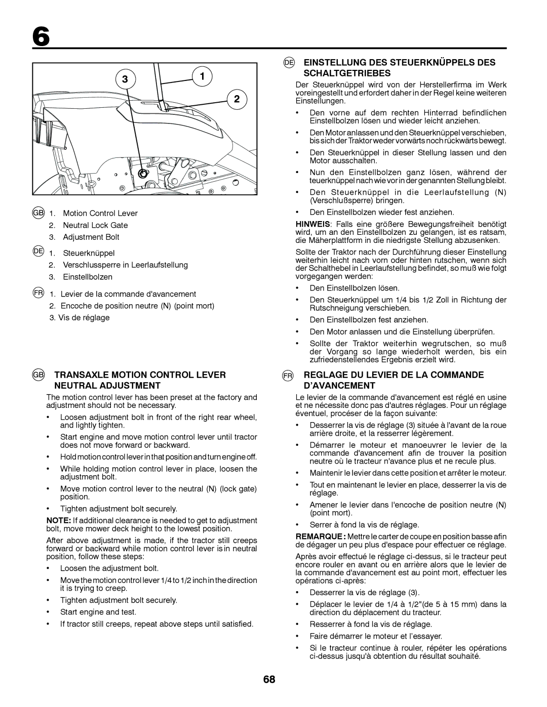 Partner Tech P11577H Einstellung DES Steuerknüppels DES, Schaltgetriebes, Reglage DU Levier DE LA Commande D’AVANCEMENT 