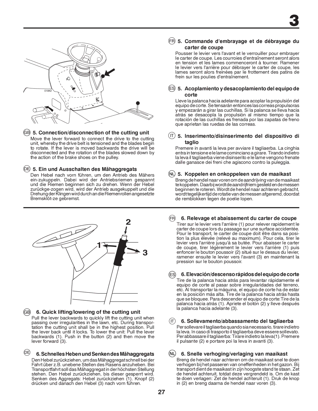 Partner Tech P11597 instruction manual Connection/disconnection of the cutting unit, Ein und Ausschalten des Mähaggregats 