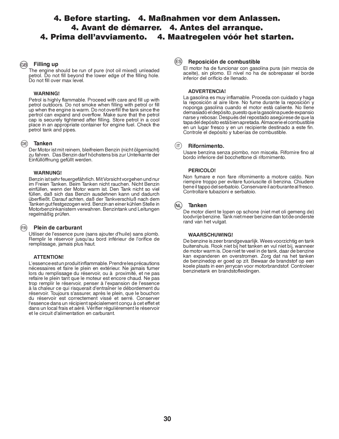 Partner Tech P11597 instruction manual Filling up, Reposición de combustible, Tanken, Plein de carburant, Rifornimento 