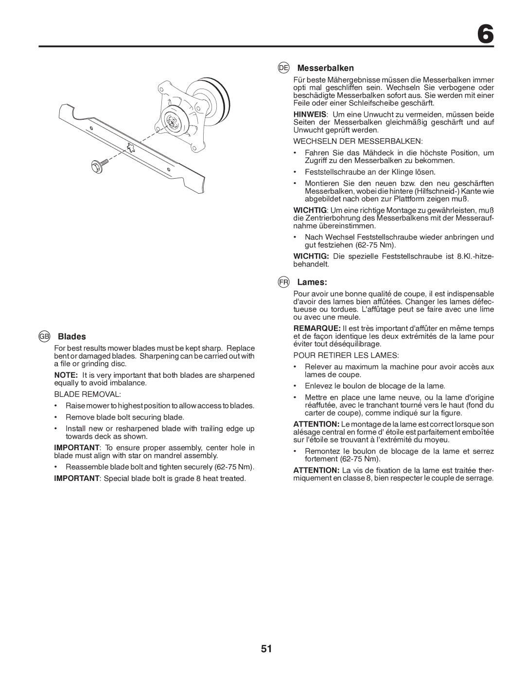 Partner Tech P11597 instruction manual Blades, Messerbalken, Lames 