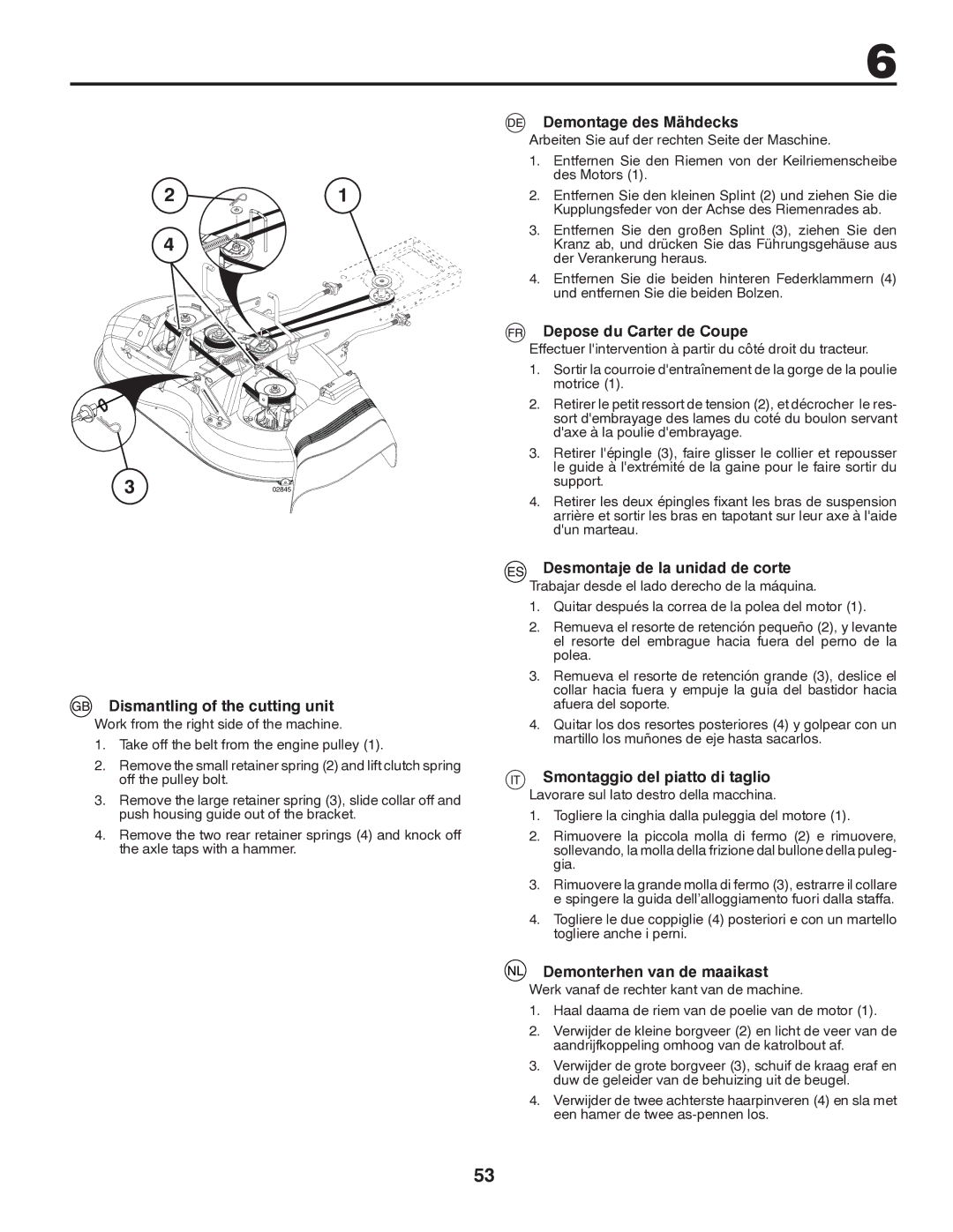 Partner Tech P11597 instruction manual Dismantling of the cutting unit, Demontage des Mähdecks, Depose du Carter de Coupe 