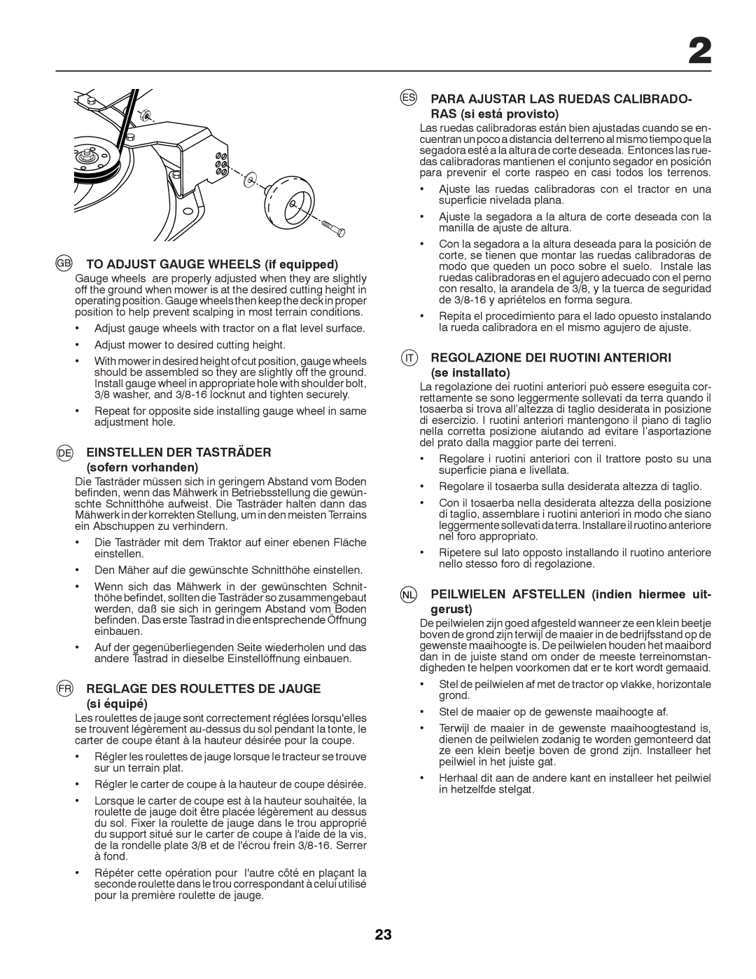 Partner Tech P12597RB instruction manual To Adjust Gauge Wheels if equipped, Einstellen DER Tasträder sofern vorhanden 